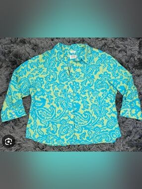 Talbots Petites Vintage Blue Green Teal Paisley 3/4 Sleeve Button Shirt, Size S